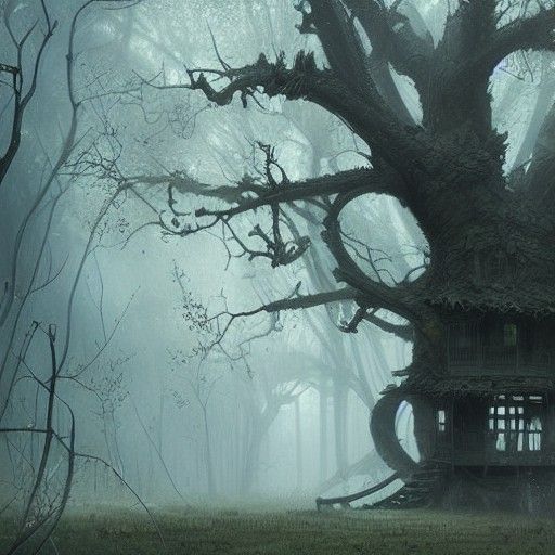 Sinister Treehouse in Fog, Dark Fantasy Style