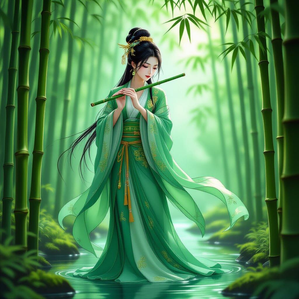 Jade Spirit in Bamboo Forest, Dreamy Illustration