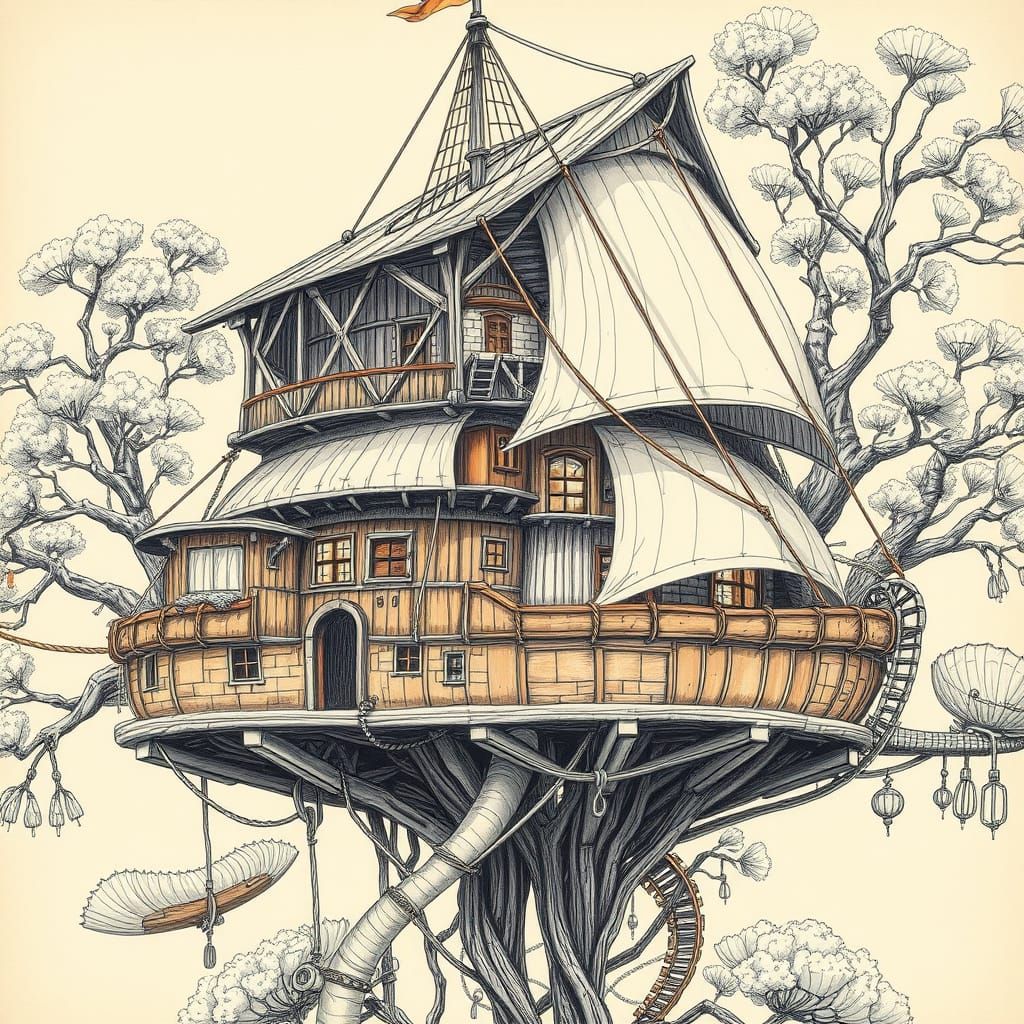 Dreamlike Tree House with Whimsical Sails and Industrial Ele...