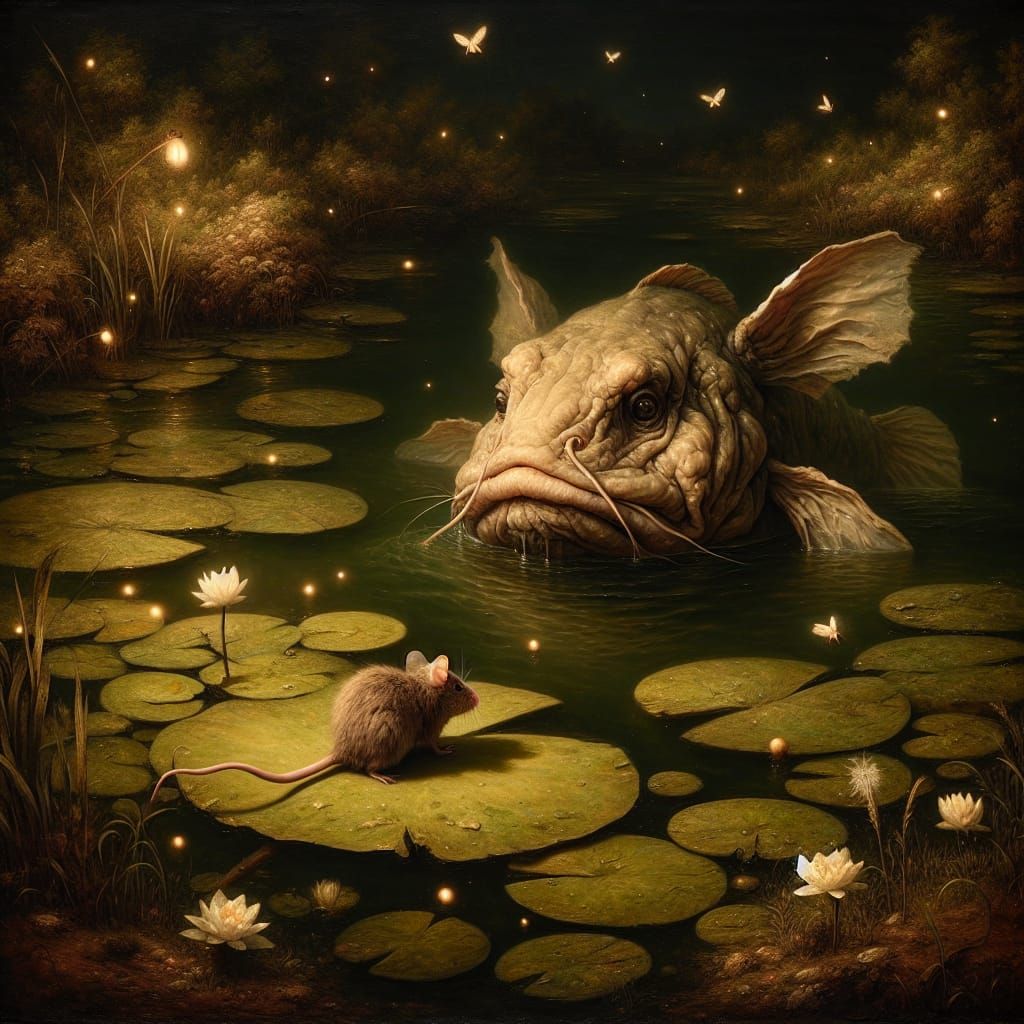Whimsical Fairy-Tale Scene: Wrinkled Fish Meets Delicate Mou...