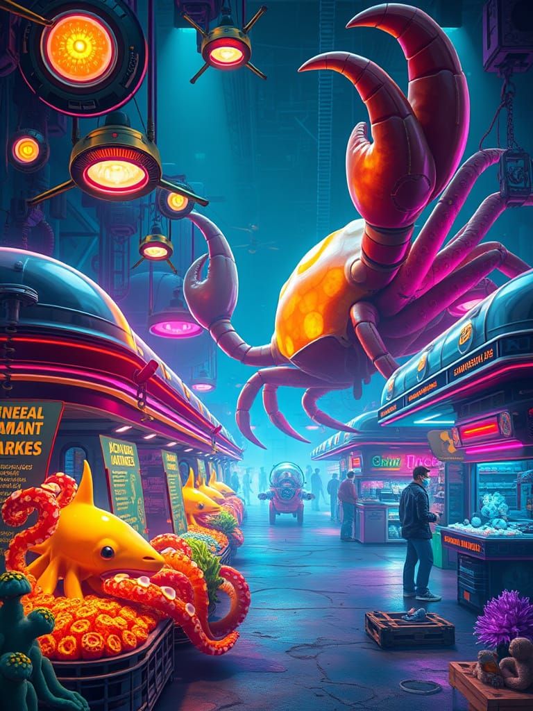 Neon Deep-Sea Marketplace with Cybernetic Enhancements