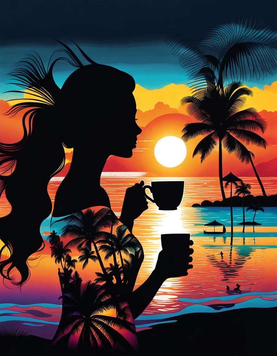 Silhouette Art: Woman on Beach with Coffee