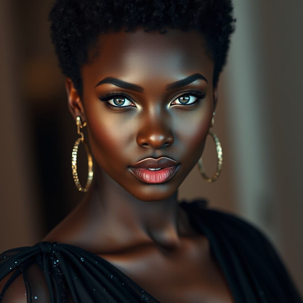 Glamorous Dark Skinned Beauty in Elegant Evening Gown