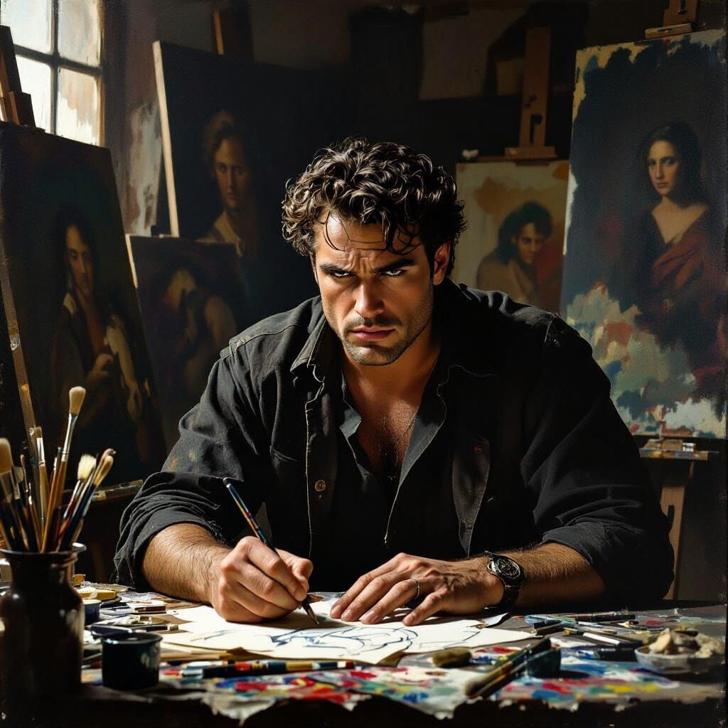 Tormented Artist in Studio: A Caravaggio-Inspired Portrait