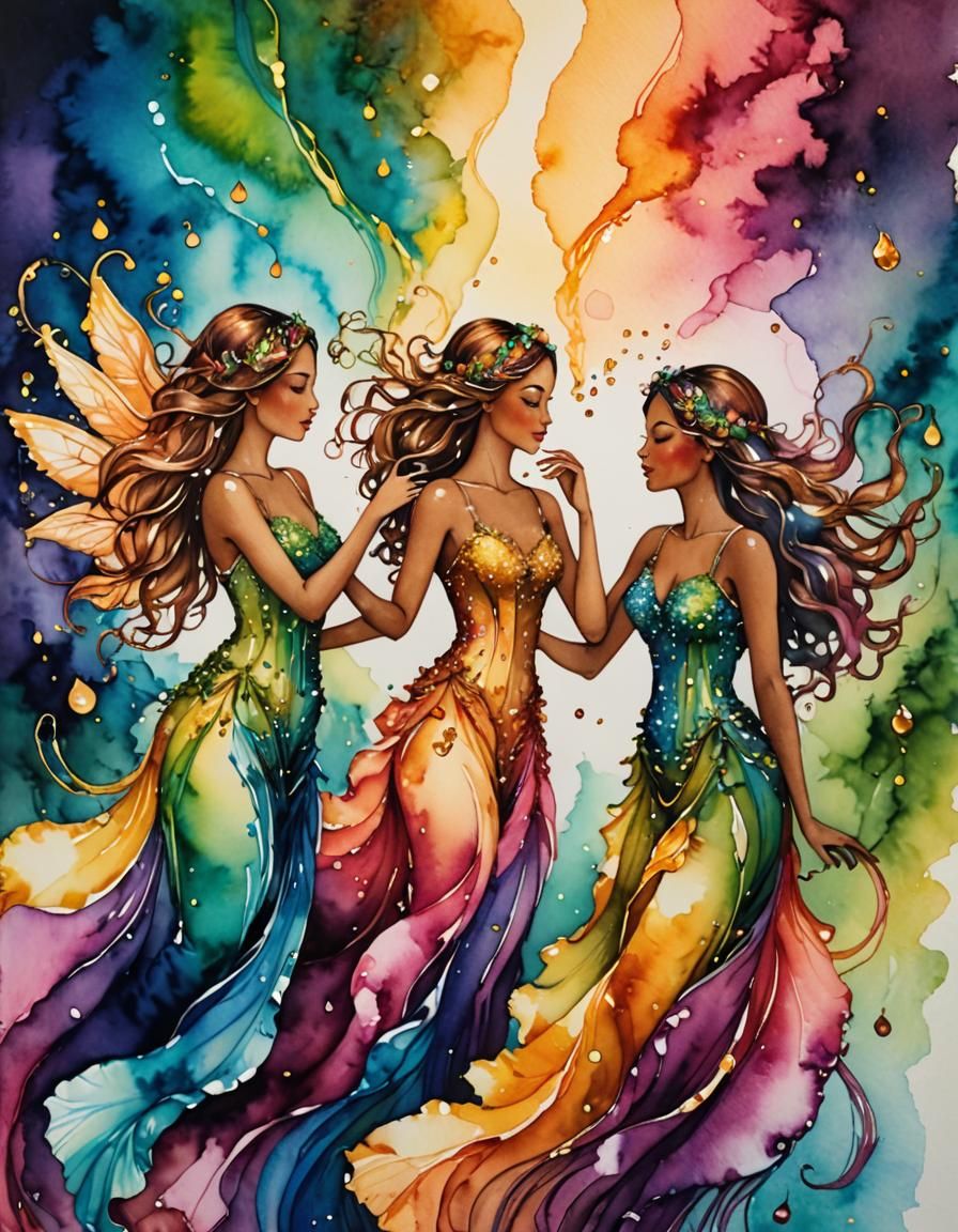 Nymphs Playing on Rainbow in Golden Hour