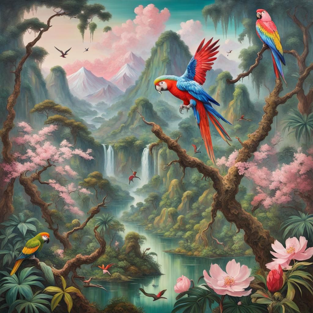 Tachisme Parrot Jungle with Sakura and Mountains