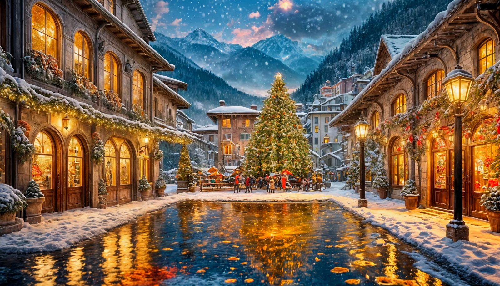 Art Nouveau Christmas Town Square in Winter