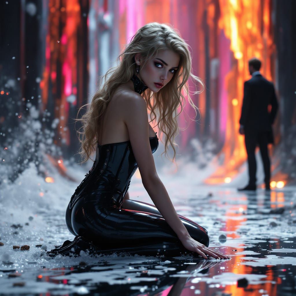 Blonde Woman Kneeling in Latex Corset, Digital Art