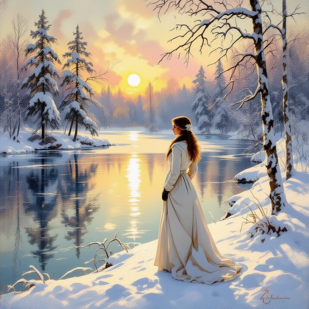 Winter Scene by Frozen Lake in Classical Style