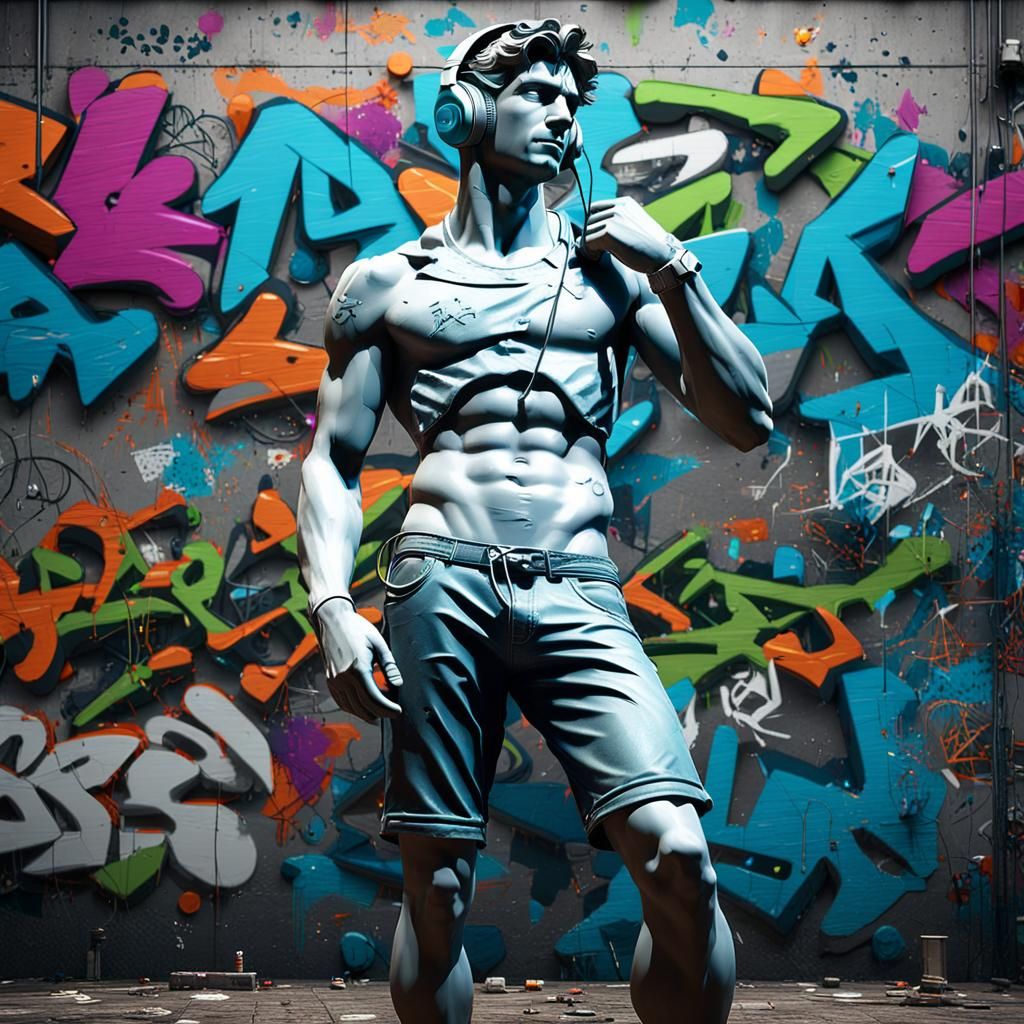 Cracked David Statue with Headphones in 3D Style