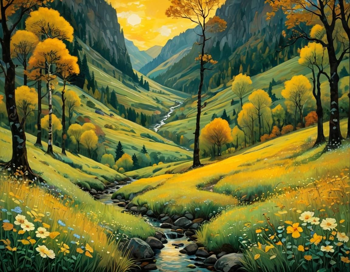 Autumnal Birch Forest Stream in Art Nouveau Style