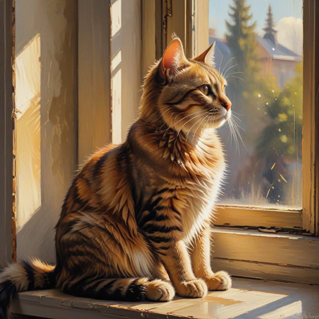 Impressionist Oil Painting of a Cat on a Windowsill