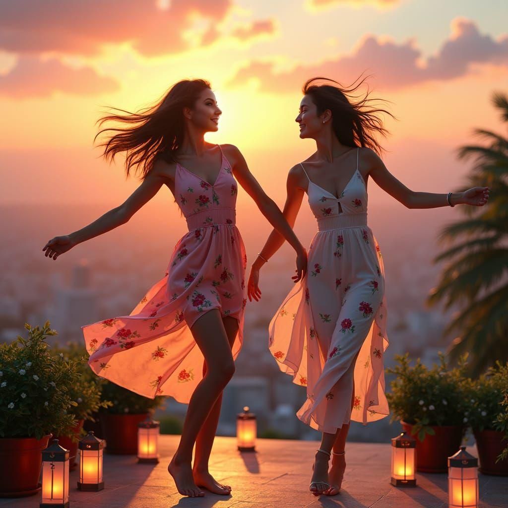Girls Dancing on Rooftop in Fantasy Concept Art