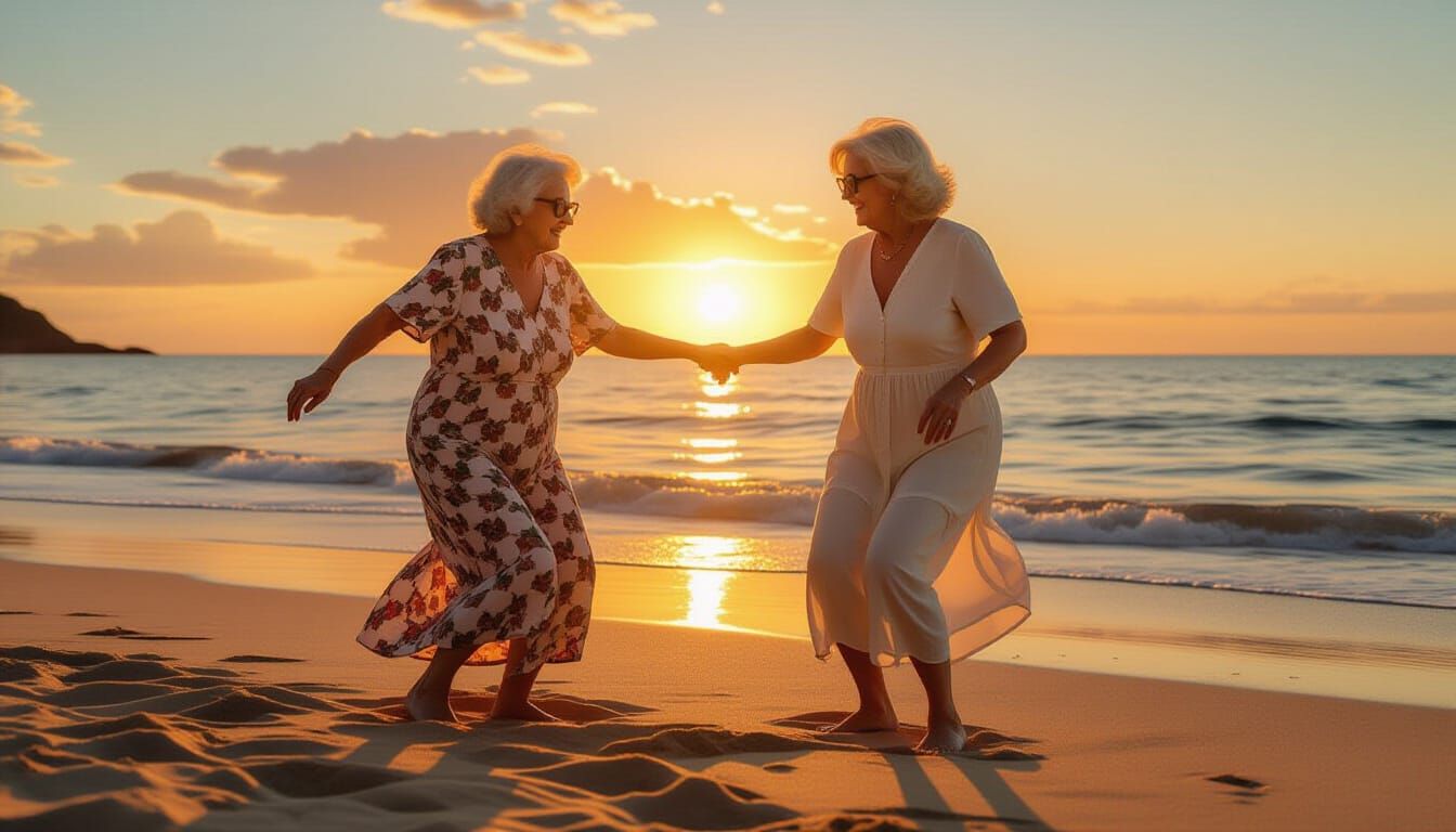 Elderly Grandmothers Dancing at Sunrise Beach