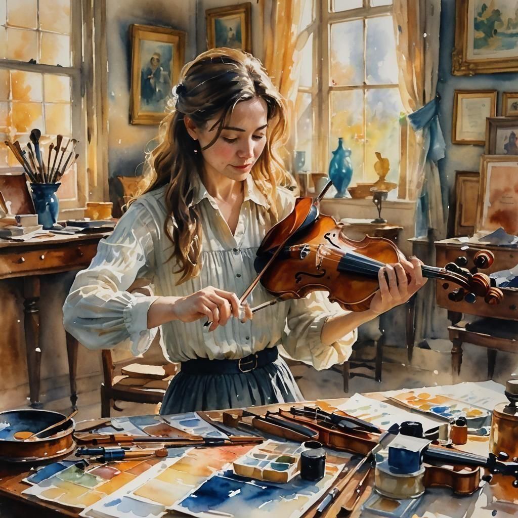 Cartoon Violin Master Tuning Stradivarius in Watercolor Styl...