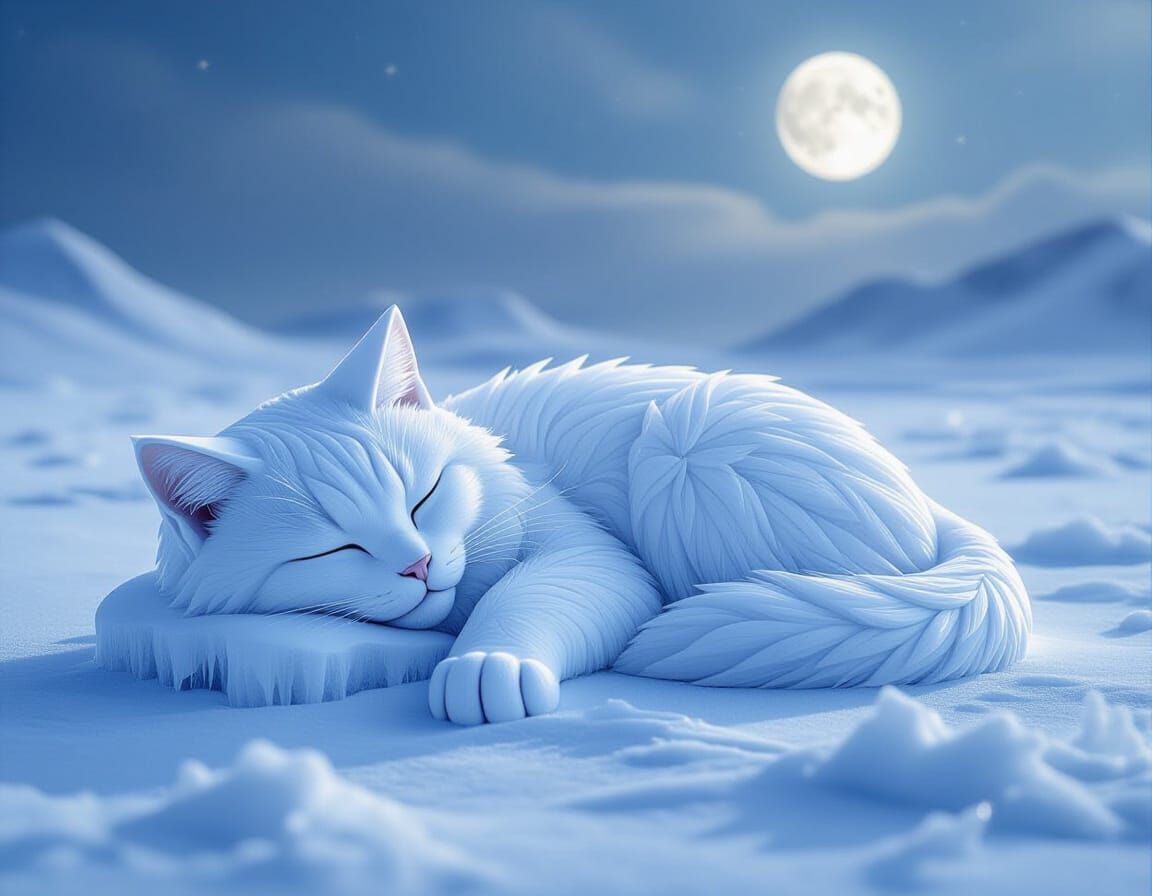 Majestic Ice Cat Sculpture in Ethereal Moonlight Tundra