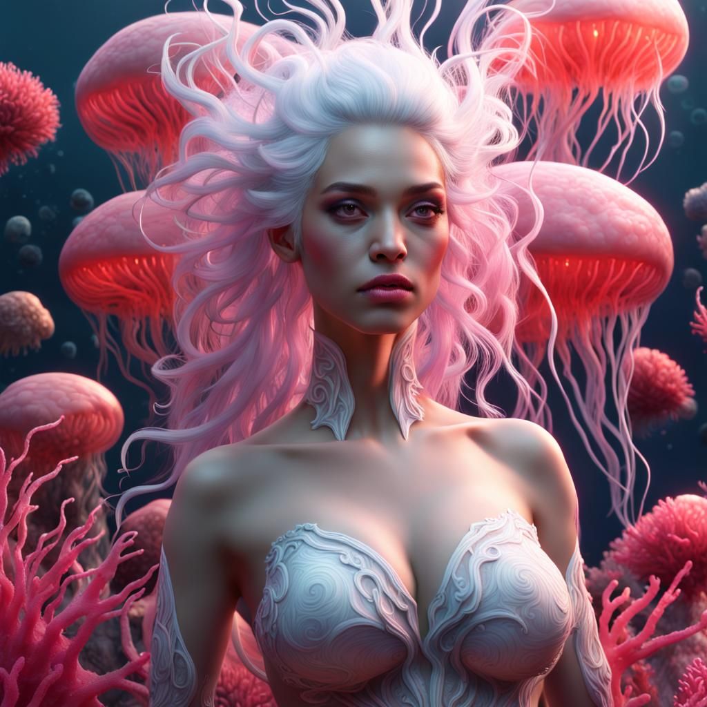Underwater Nude with Jellyfish in Detailed Matte Style
