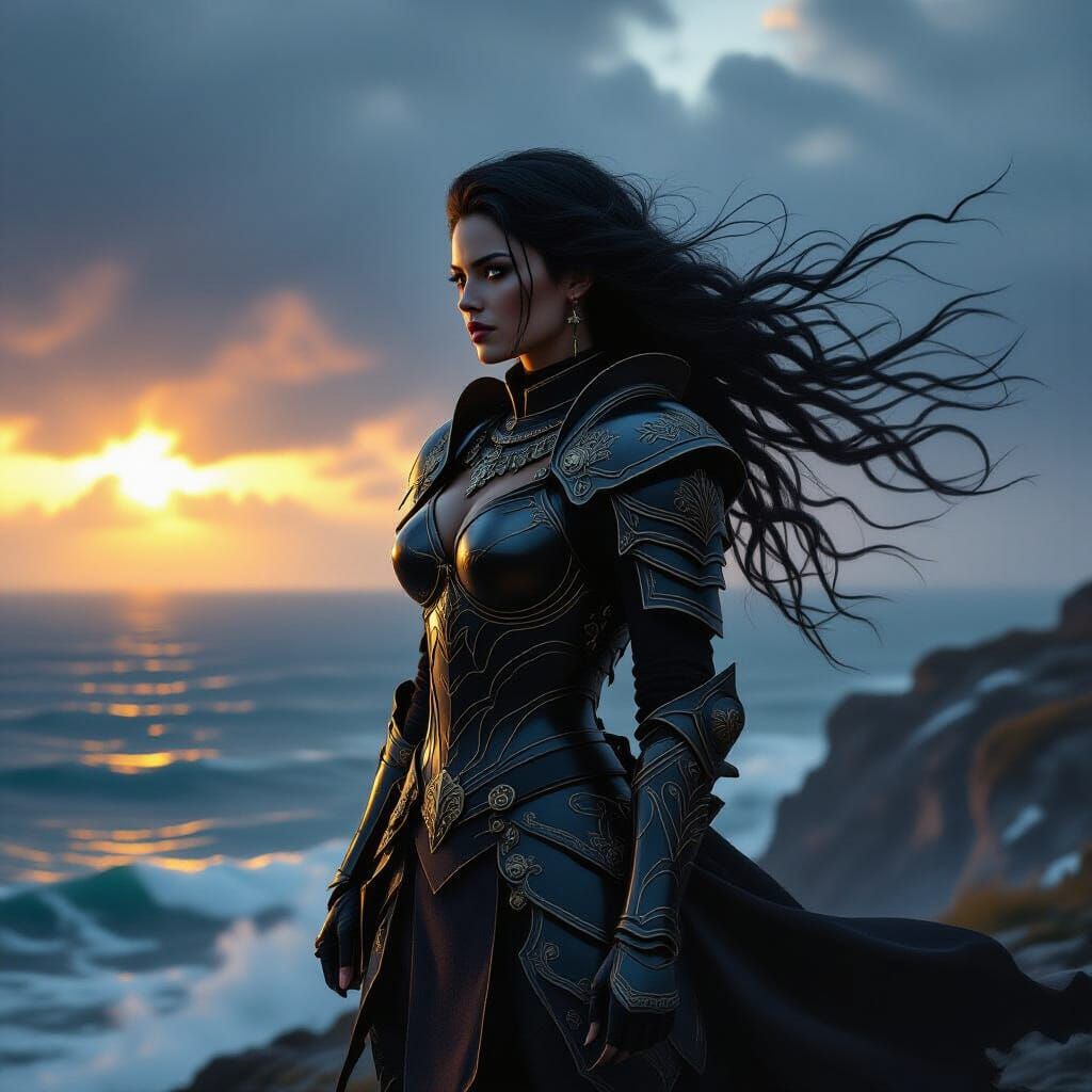 Dark Fantasy Warrior on Cliff Overlooking Stormy Sea