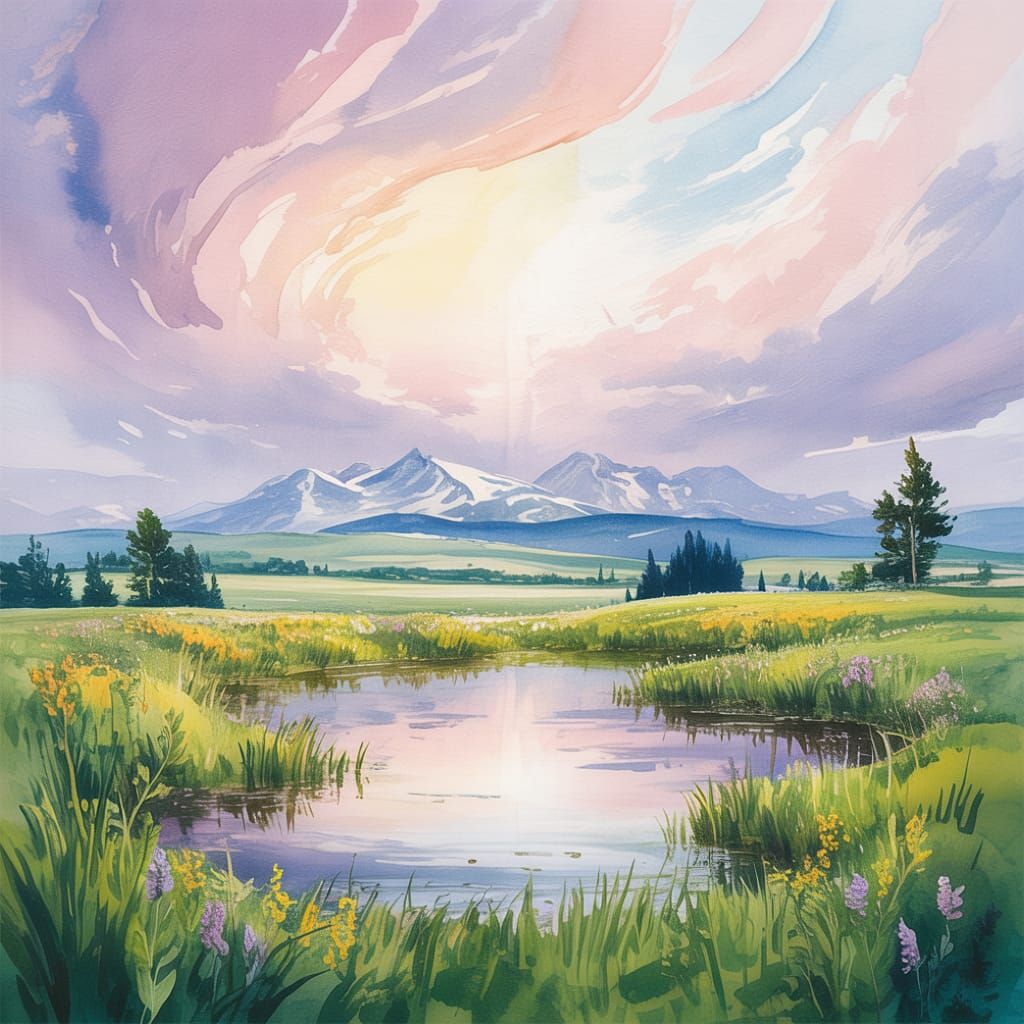 Watercolor Pasture with Pond and Painted Sky