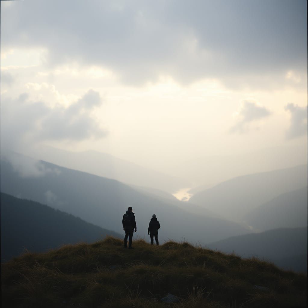 Windswept Figure Overlooking Misty Valley in Vintage Film St...
