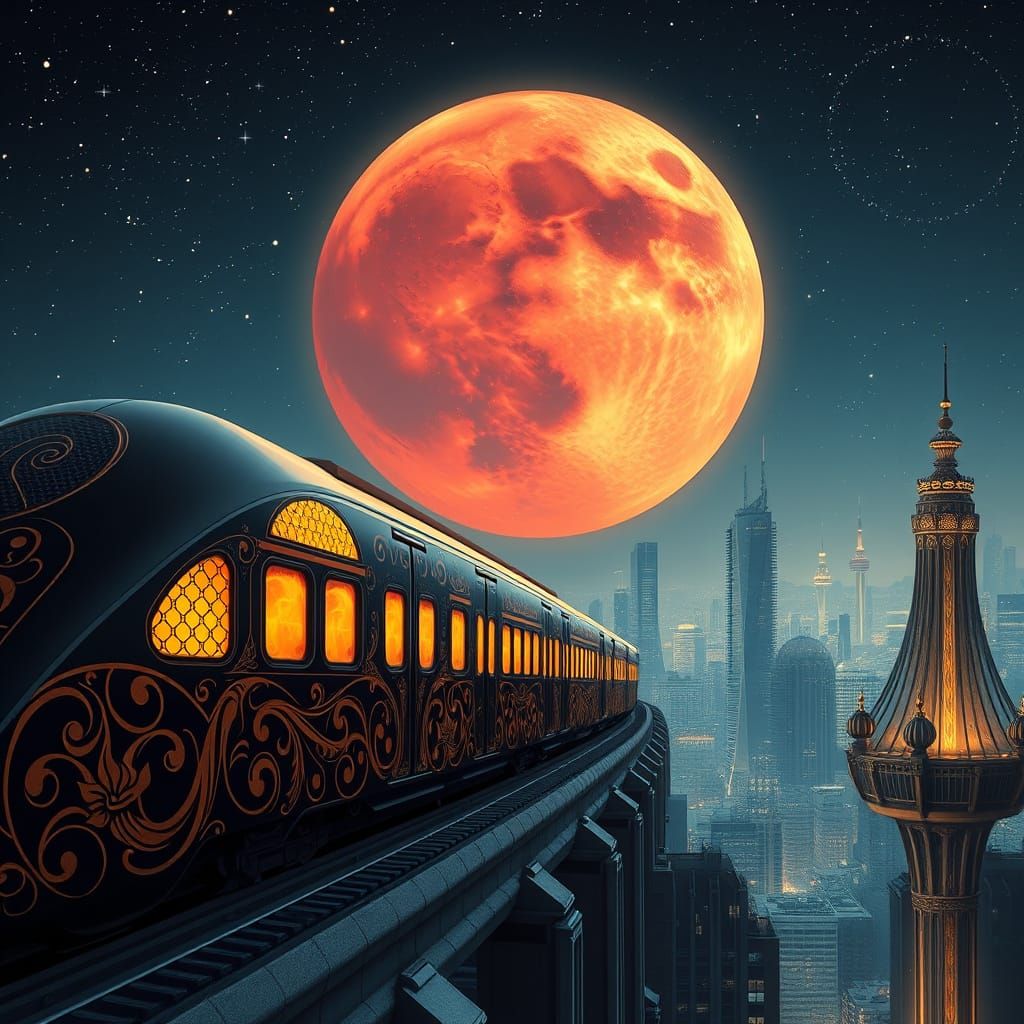 Majestic Art Nouveau Train in Futuristic Cityscape