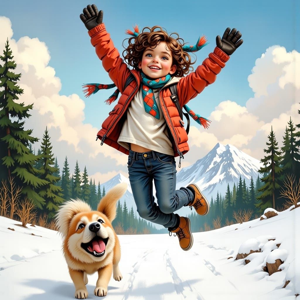 Girl and Dog in Winter Wonderland: Watercolor Painting