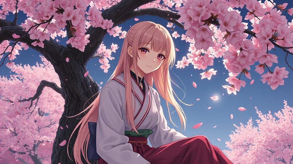 Anime girl under a cherry blossom tree