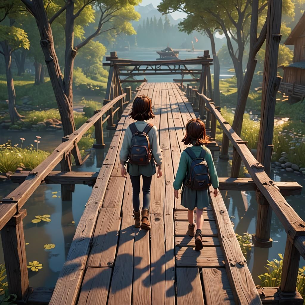 Girl on Wooden Bridge: Pixar-Style 3D Digital Art
