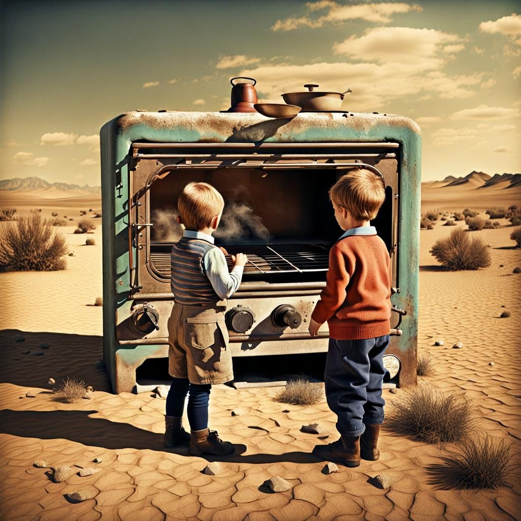 Vintage Photo of Children and Abandoned Desert Oven
