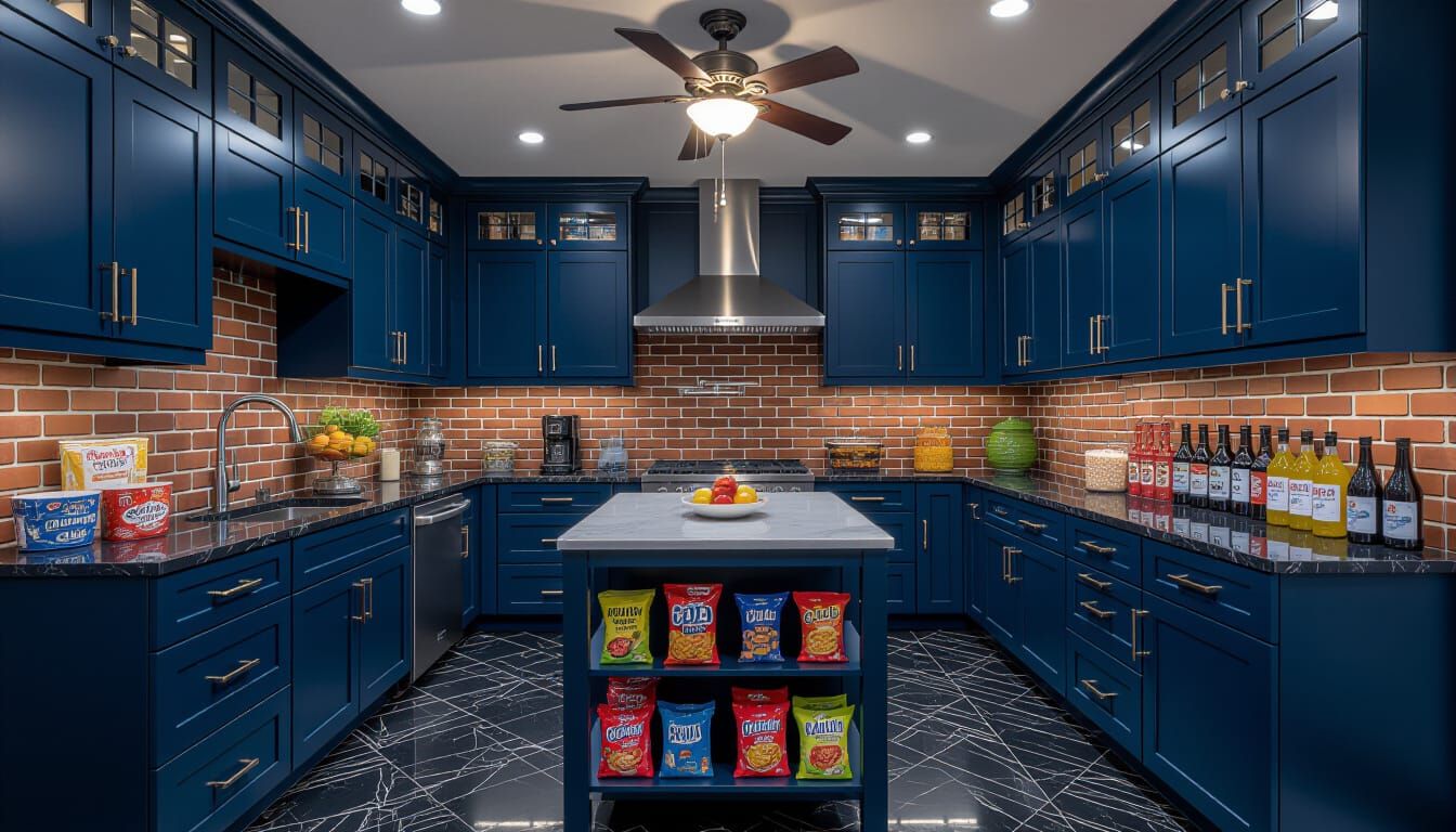 Victorian Storage Room with Dark Blue and Brick Details