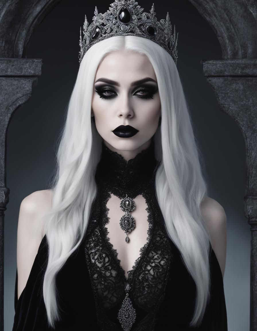 Gothic Night Queen in Plunging Black Dress