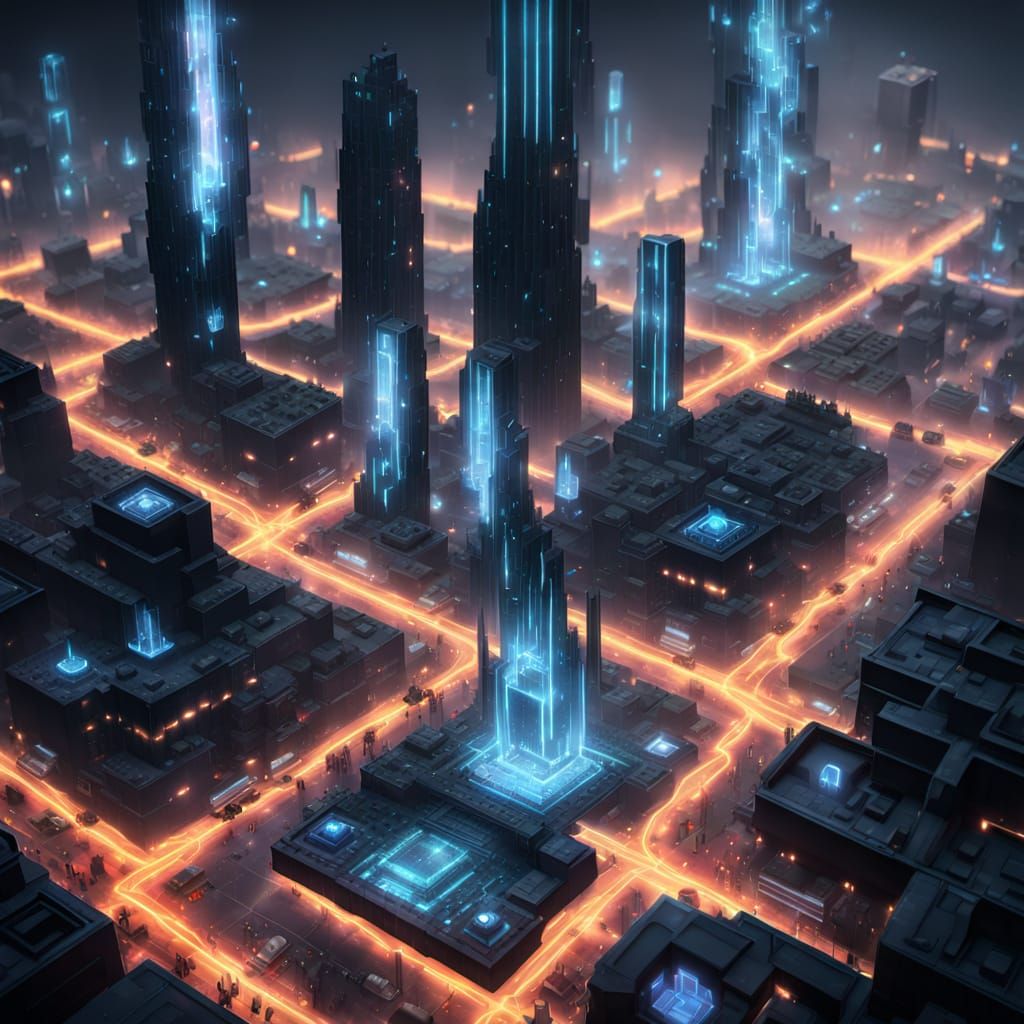 Holographic Pixel City Concept Art