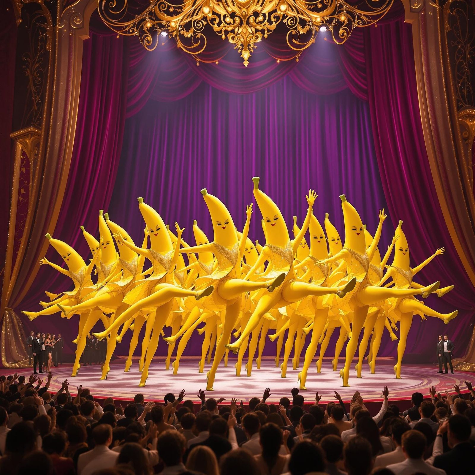 Vibrant Bananas Dance on Grand Stage in Dreamlike Atmosphere