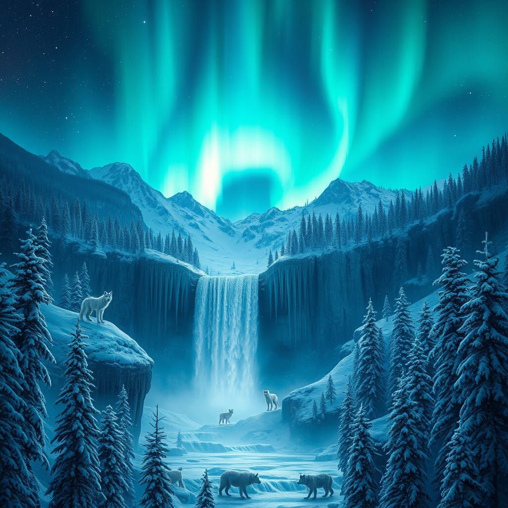 Northern Lights Dance Above a Frozen Waterfall in a Majestic...