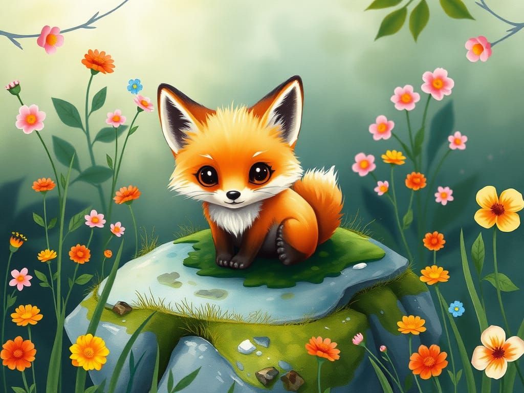 Whimsical Chibi Fox in Watercolor
