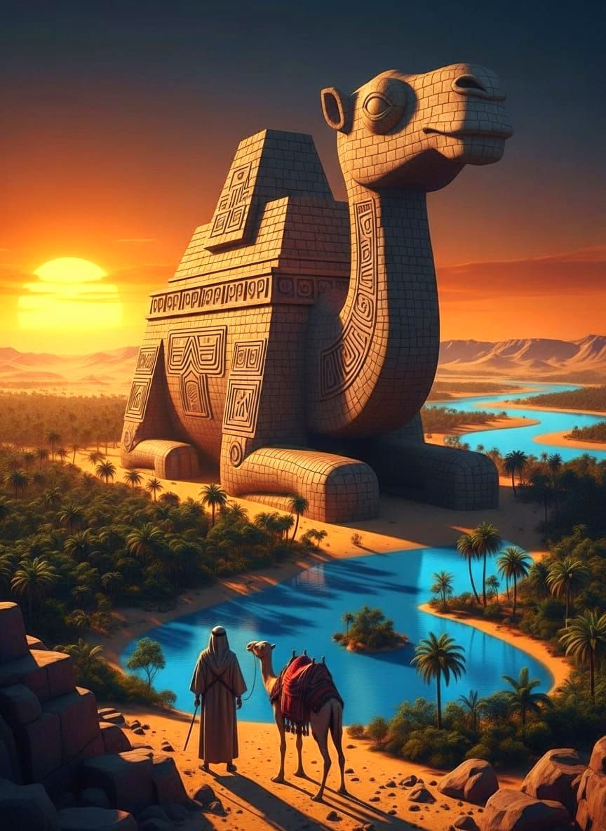 Surreal Desert Oasis with Cubist Camel Pyramid