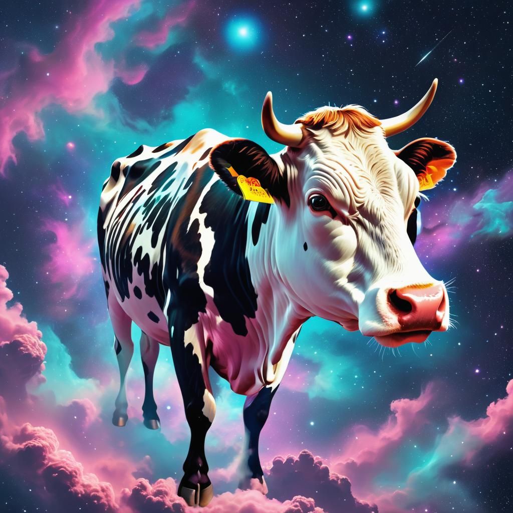 Vaporwave Cow Navigates Quantum Space