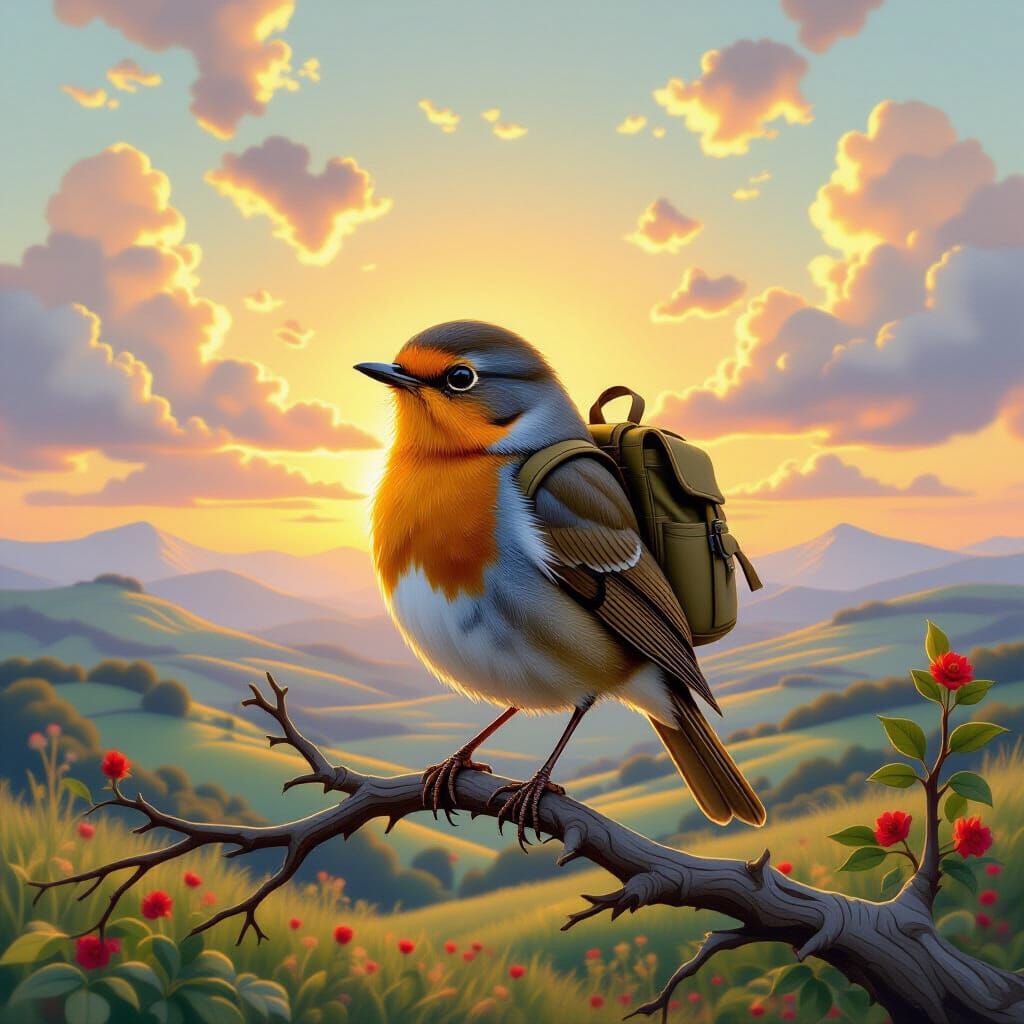 Robin with Backpack in Vibrant Landscape