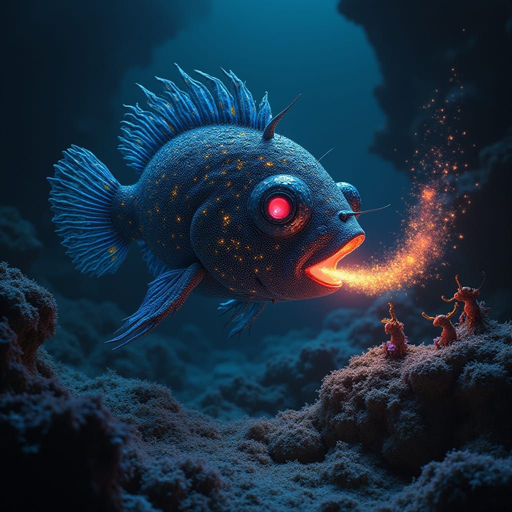 Bioluminescent Anglerfish in Abyssal Depths, Detailed Biomec...