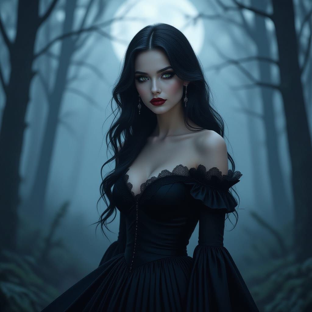 Gothic Girl in Dark Forest with Cinematic Lighting