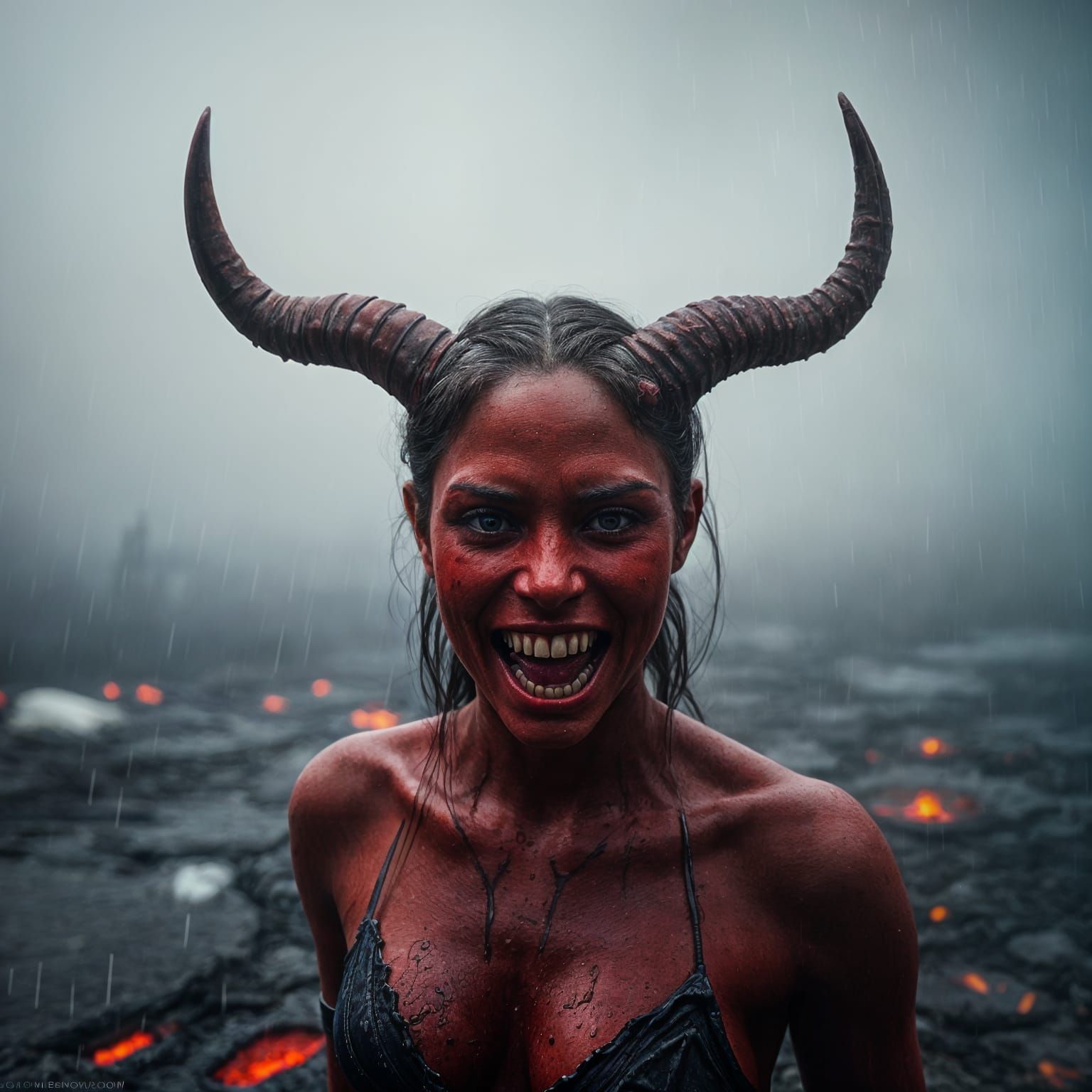 Dark Red Vampire Goddess in a Foggy Dystopian Swamp