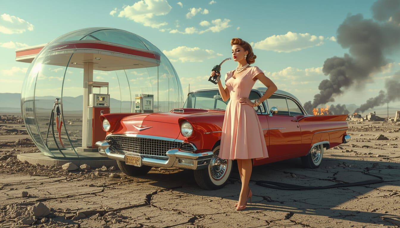 Surreal Juxtaposition: Housewife in Dystopian Wasteland