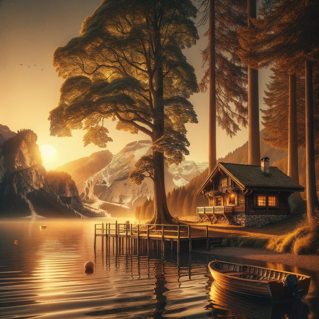 Golden Sunrise Over a Tranquil Lake House
