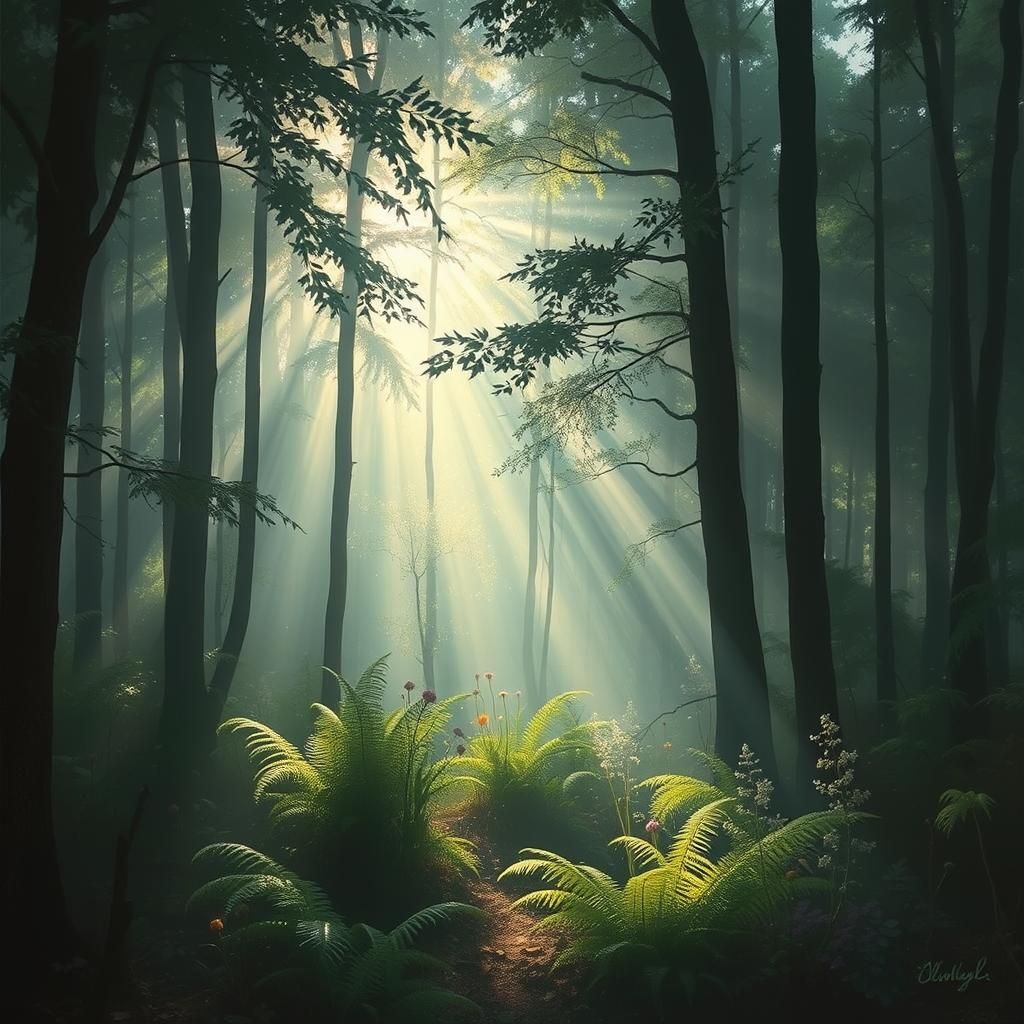 Misty Forest Sunlight: A Blend of Artistic Styles