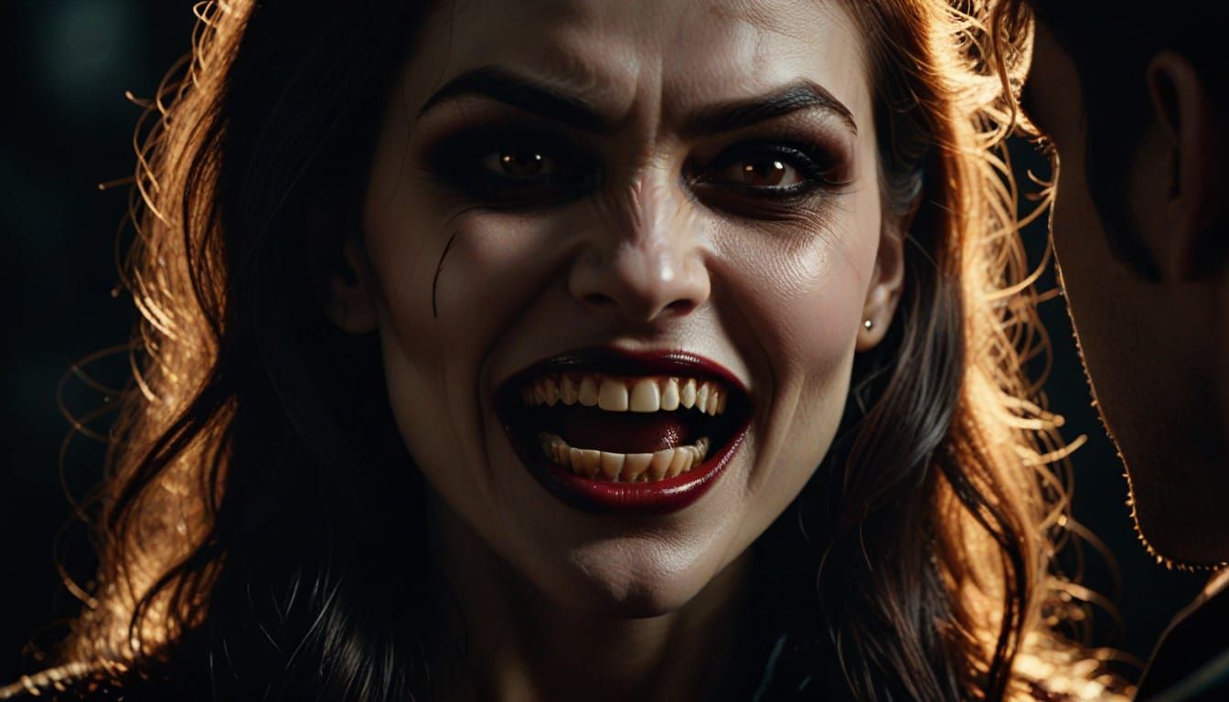 Vampire Woman Bites Man in Photorealistic Style