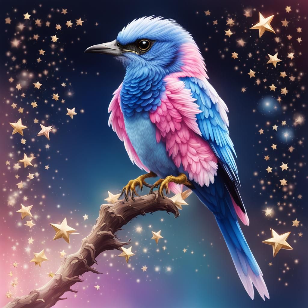 Colorful Bird with Long Tail and Gold Stars