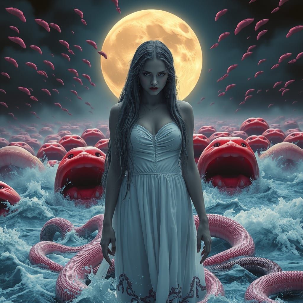 Gothic Goddess in Stormy Ocean of Lips