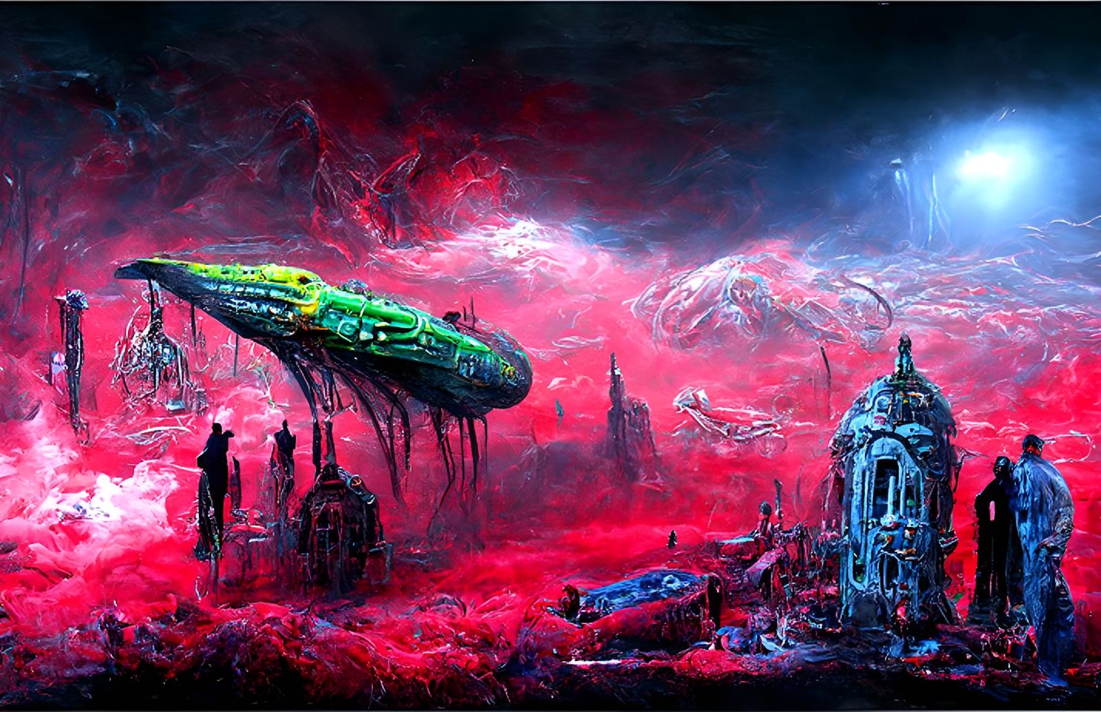 Starship Ferrying Souls Through Nebula: Cyberpunk Horror