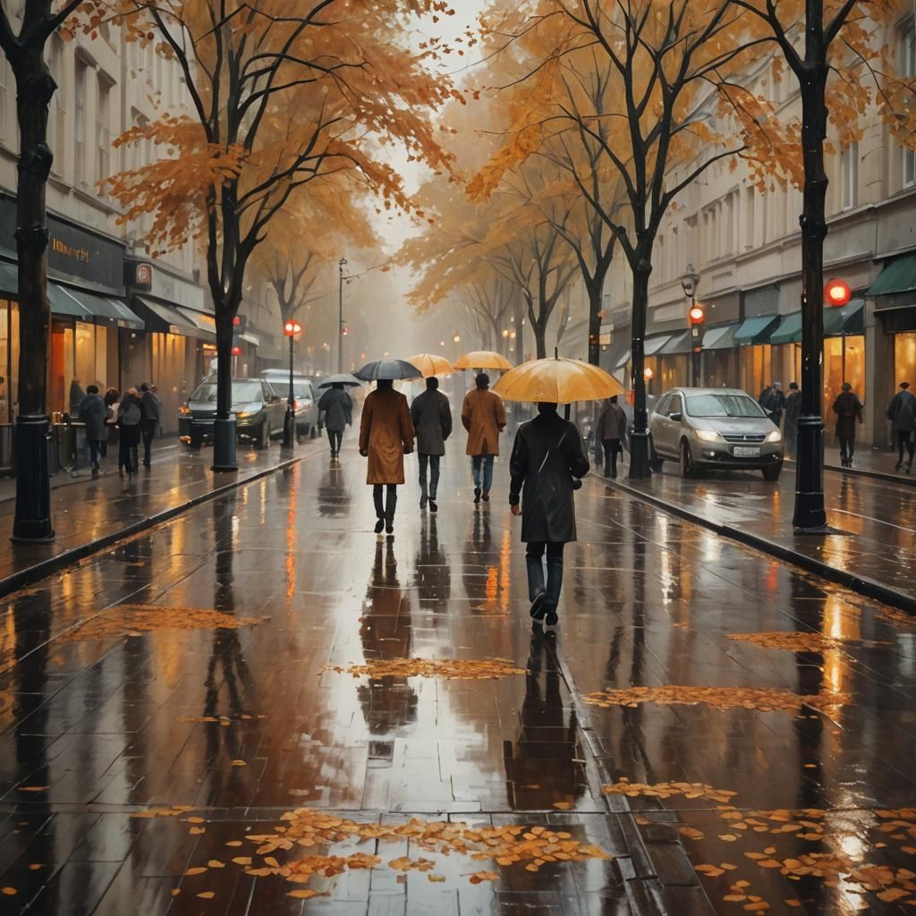 Impressionist Autumn Street Scene in the Rain