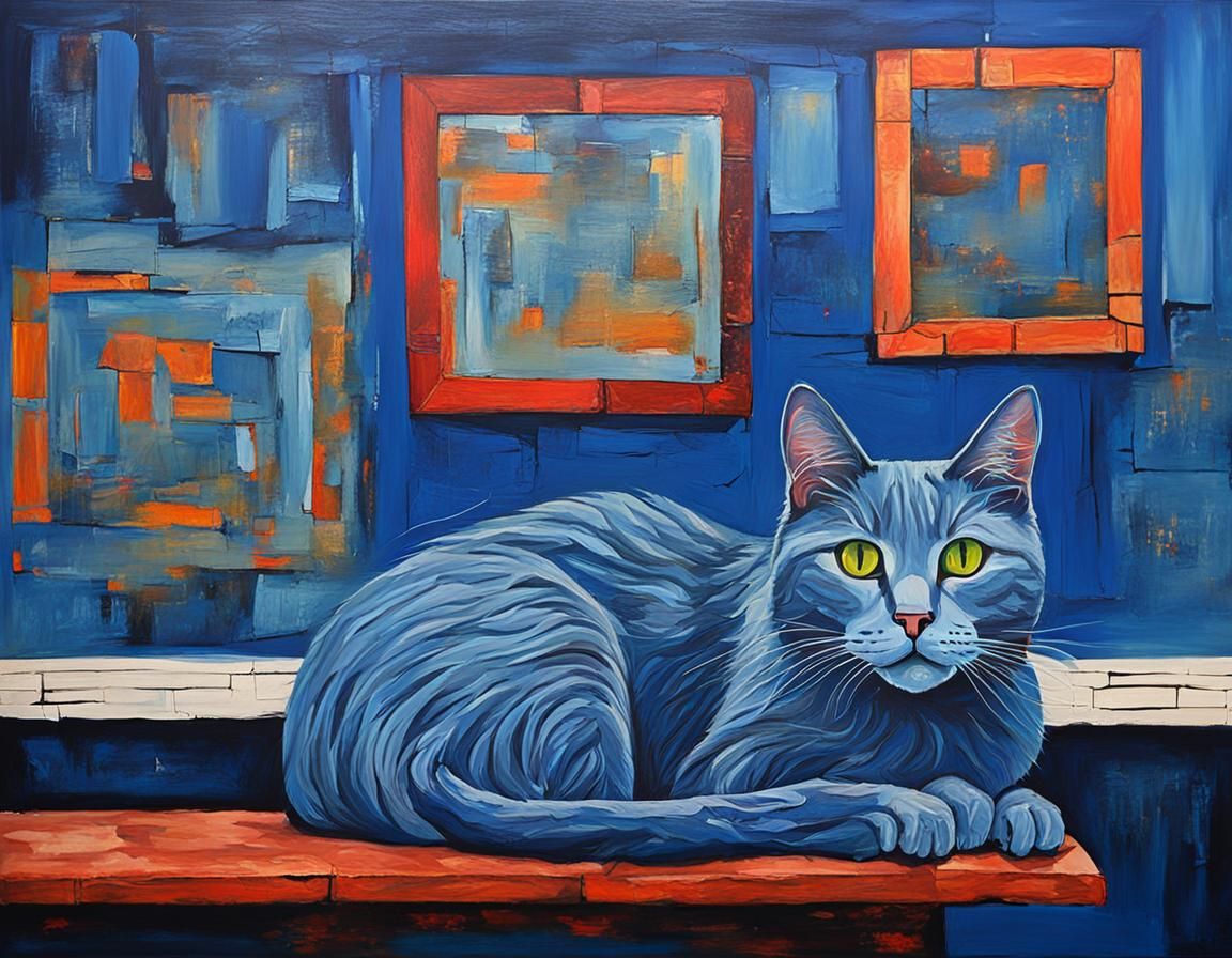Blue Cat in Blue Room: Abstract Art